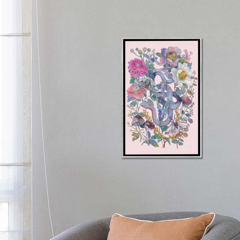 «Snake Pink Floral Garden», reproduction d'art sur toile encadrée, H 26 po x l 18 po, Impression encadrée sans passe-partout