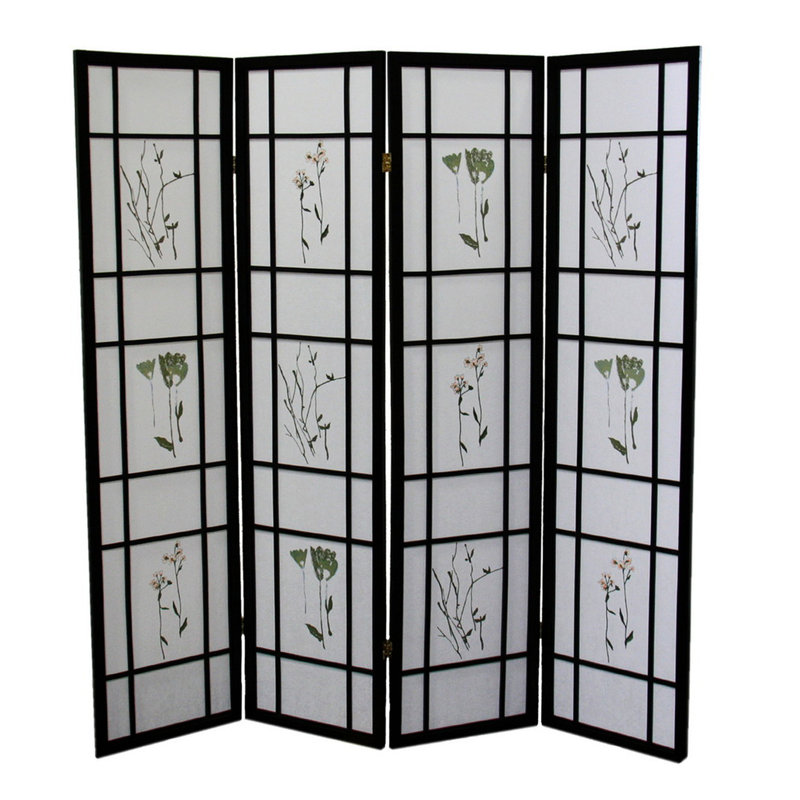 Paravent noir de 70 pouces de haut, à 4 panneaux, pour plus d'intimité et d'esthétique, avec un délicat motif floral.