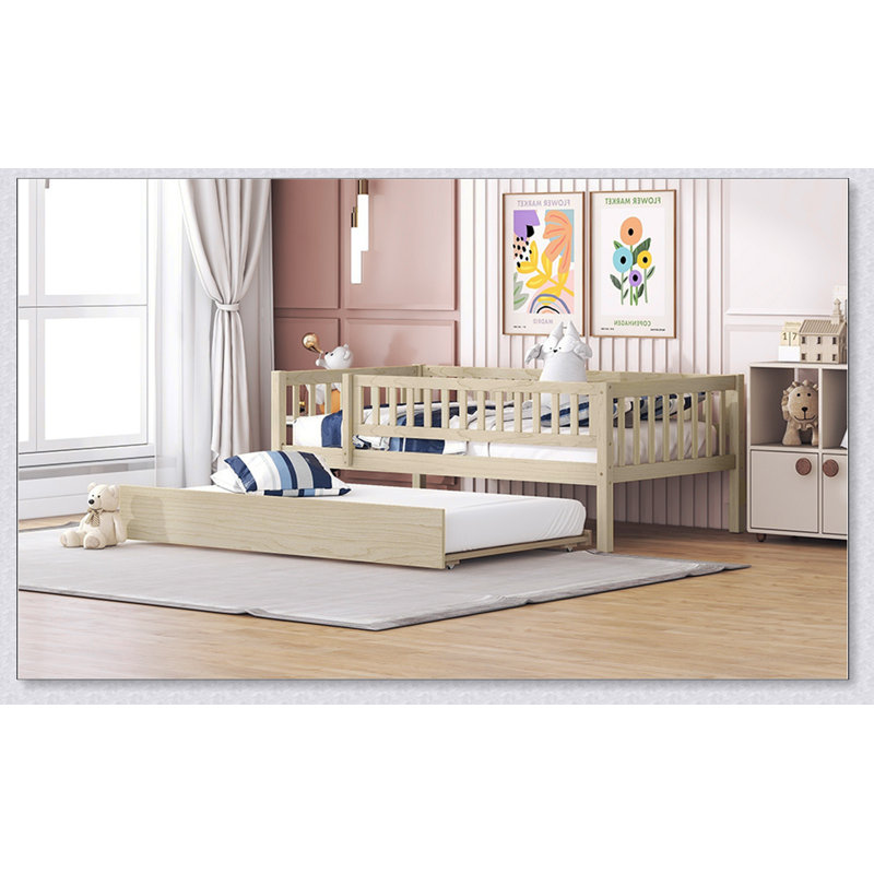 Wood Daybed With Trundle And Fence Guardrails, Natural, Twin