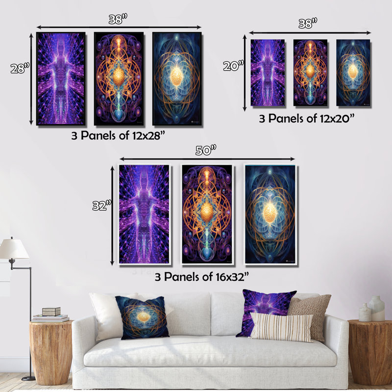 «Purple Energetic Body Matrix Meditation», 3 pièces sur toile, Cadre blanc, H 36 po x l 20 po