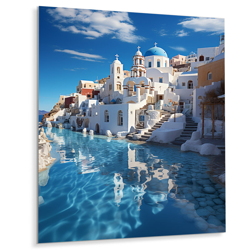 Grèce, art mural en métal, décor de paysage côtier égéen - Réflexions de la mer Égée en Grèce, H 32 po x l 24 po
