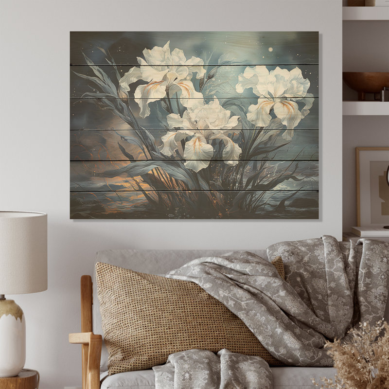 Iris aux tons gris orageux Expession - iris, art mural sur bois de pin naturel, H 30 po x l 40 po