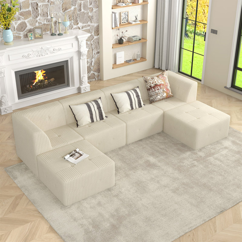 Boneless U Shape Modular Sectional Sofa, Beige Corduroy