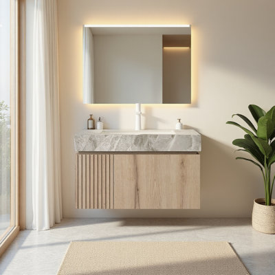Meuble-lavabo moderne avec lavabo simple brillant, plateau de table en pierre frittée avec jolis armoires en bois, pré-assemblé