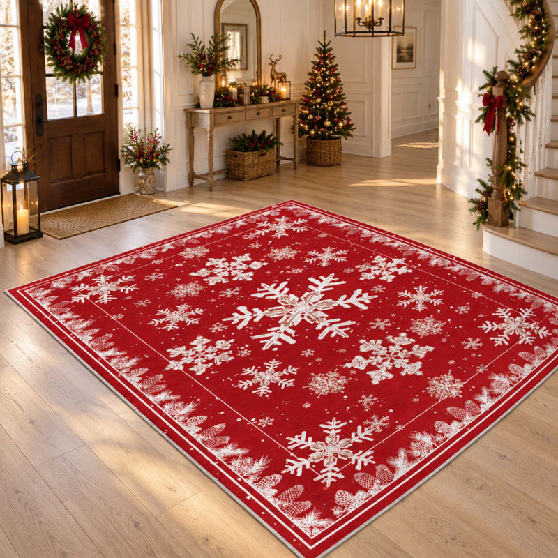 Tapis lavable en forme de pomme de pin et flocon de neige rouge, 5 pi x 7 pi