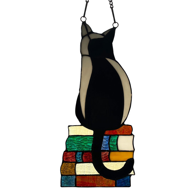 12.5"H Kate Black Library Cat Stained Glass Window Panel
