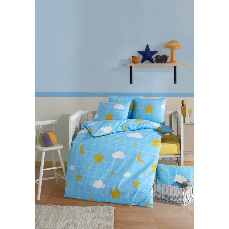 Ensemble de housse de couette 100% coton bleu / blanc / jaune Janam