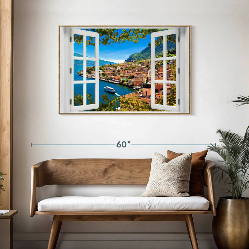 Fenêtre sur Limone Sul Garda, Cadre flottant en bois naturel, 43 po x 29 po