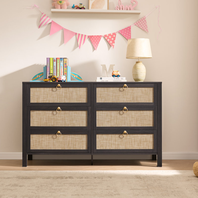 Pomodoro 51" W Rattan 6-Drawer Dresser With Golden Handles — Coastal Boho Bedroom Storage Chest, Obsidian