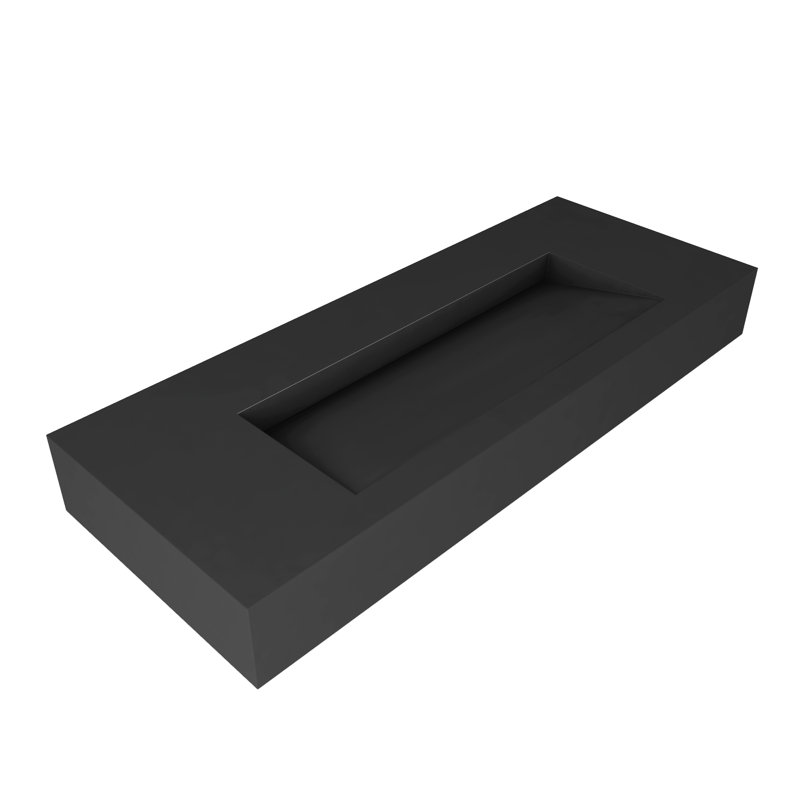 Pyramid 48" Wall Mounted Rectangular Solid Surface Bathroom Sink in Matte Finish, Black, No Faucet Hole, Black, No Hole