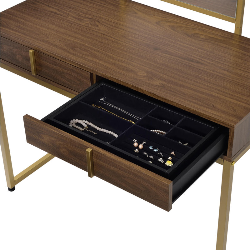 Bureau de coiffeuse 2 tiroirs avec miroir et plateau à bijoux, noyer et or