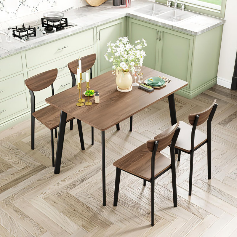 Modern 5-Piece Dining Table Set For Family, Office & Gatherings - Sturdy Metal Wooden Rectangular Table W/4 Chairs (Brown, Curved Moon Design)