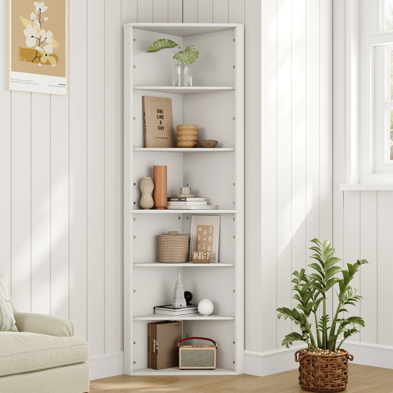 6 Tier Corner Shelf With Adjustable Shelf, 68" Tall Corner Bookshelf Bookcase, Freestanding Corner Display Storage Shelf For Living Room, Office, Kitchen, Bath Room,small Space, White