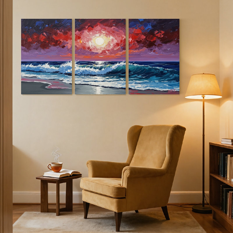 «Nautical & Beach Ocean Waves Sunset Sky Art», ensemble de 3 impressions sur toile, H 18 po x l 36 po