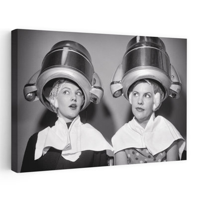 1950S Two Women Sitting Under Beauty Salon Hair Dryers Wearing Hairnets Towels Talking Gossip Classic Retro Vintage Portrait Wall Art