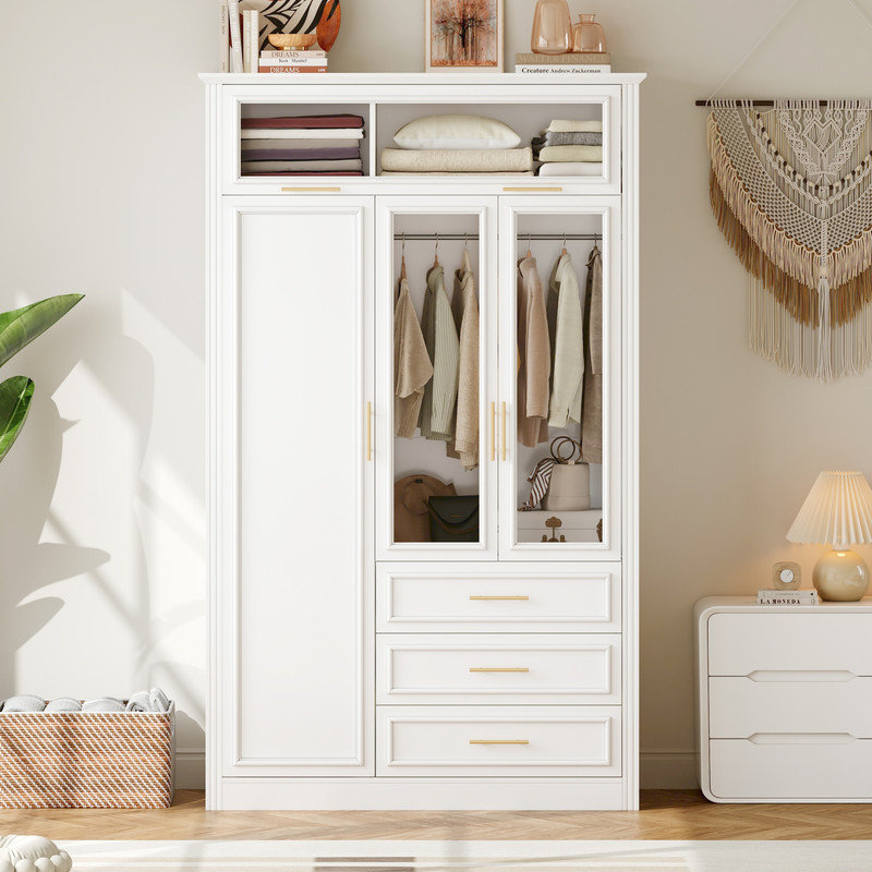 Armoire penderie 3 portes avec 3 tiroirs à DEL, blanc