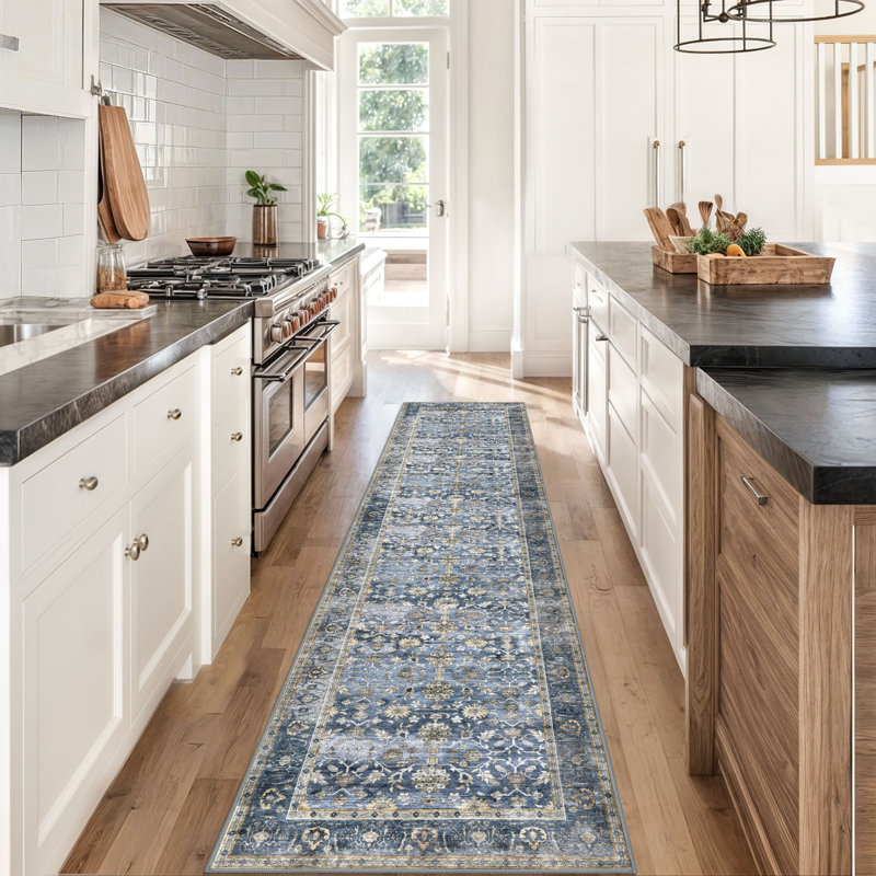 Area Rug Machine Washable Rug Oriental Indoor Rugs with Non-Slip Backing, Runner 2' x 8', Blue/Gray/Beige