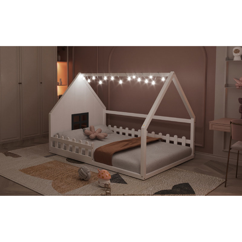 White Wood House Bed Full Size With Fence And Window - Bedroom Option For Use Size & Strong Construction Materials, Led Excitement, No Box Spring Delight