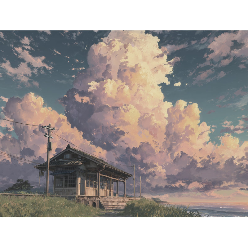 Murale maison de campagne avec nuages, 100 po x 96 po, Peler et coller