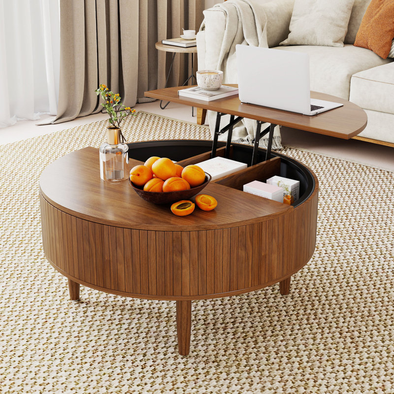 Fluted Round Lift Top Coffee Table With Storage, Adjustable Height Cocktail Table For Living Room, Walnut