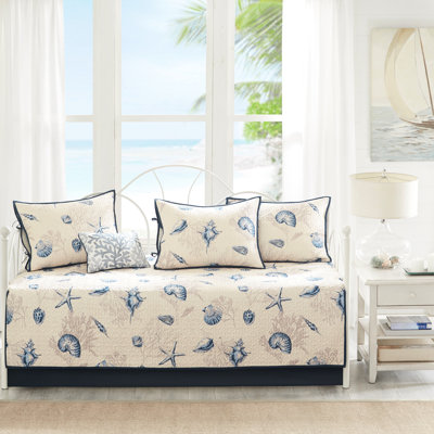 Reversible Microfiber Daybed , Blue Print, 6, Twin Sized, 17" Drop Cover, 15" , 3 Shams, 1 Decorative Pillow, Coastal Feeling Living Room Decor, Machine Washable 6 Ensemble, Design, Mattress, Style