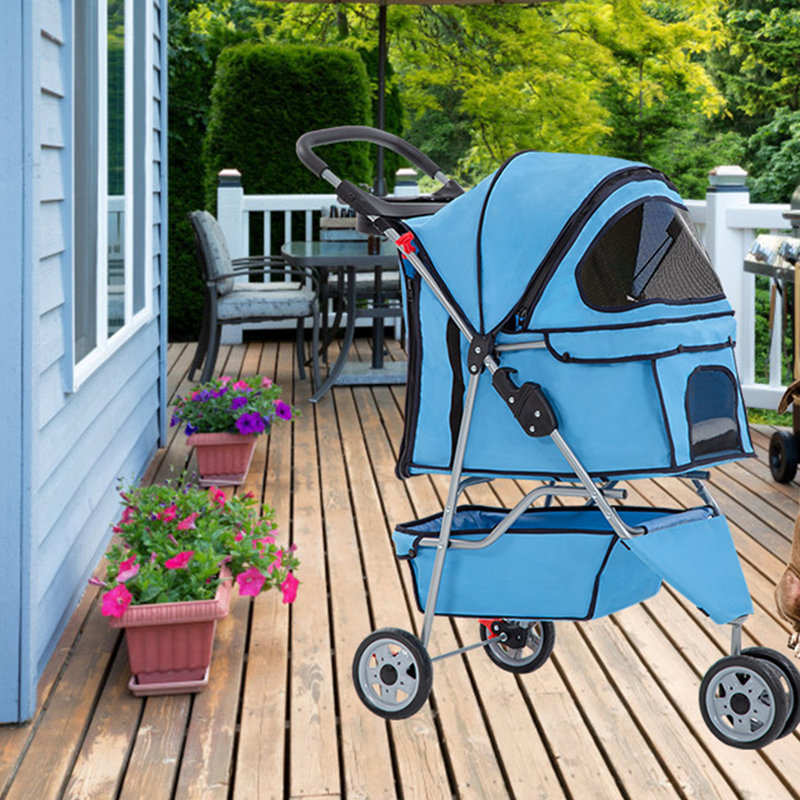 Blue 3-Wheel Folding Pet Stroller for Dogs