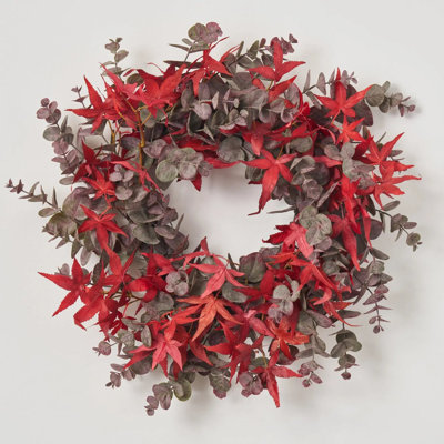 Autumn Evenings - Red Japanese Maple Leaf & Dusty Plum Botanical Eucalyptus Fall Front Door Wreath