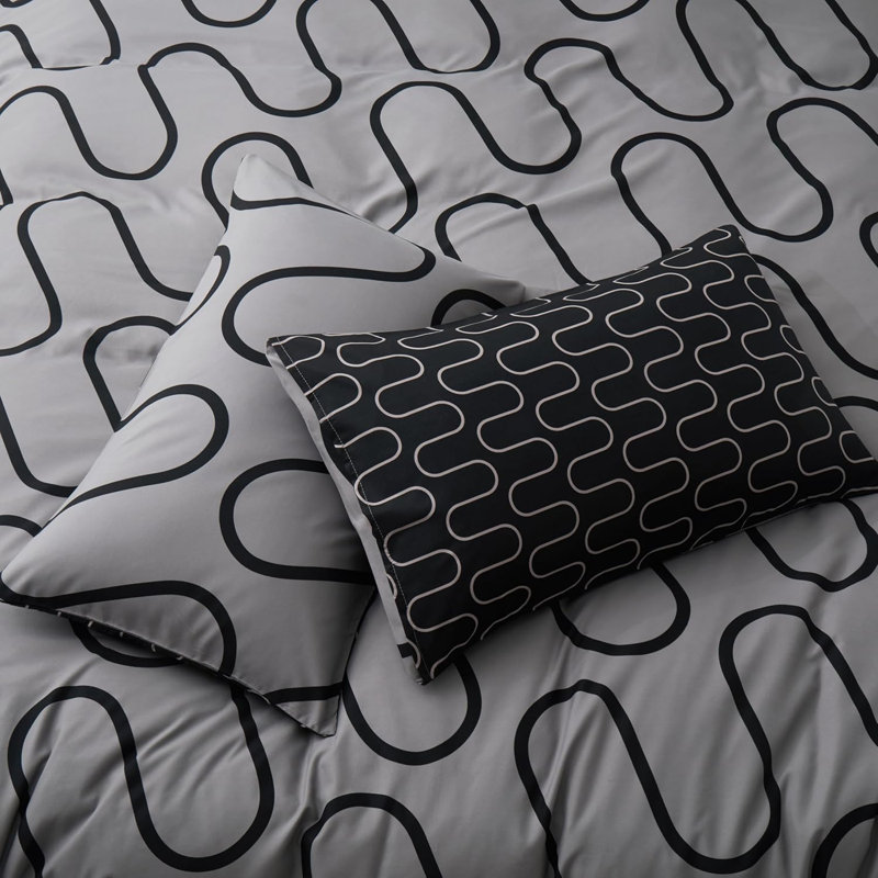 This Stripe Duvet Cover Set Reversible black and yellow Wave with Pillowcase, Black/Grey Wavy