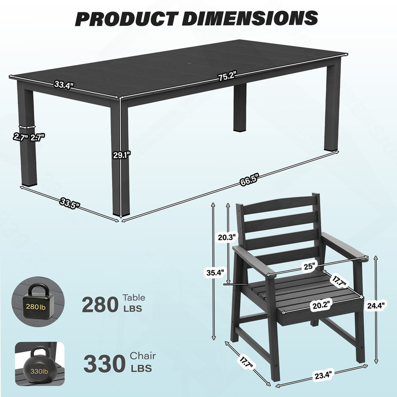 Table et chaises de salle à manger d'extérieur standard de 7 pièces, convenant à plusieurs scènes, Noir