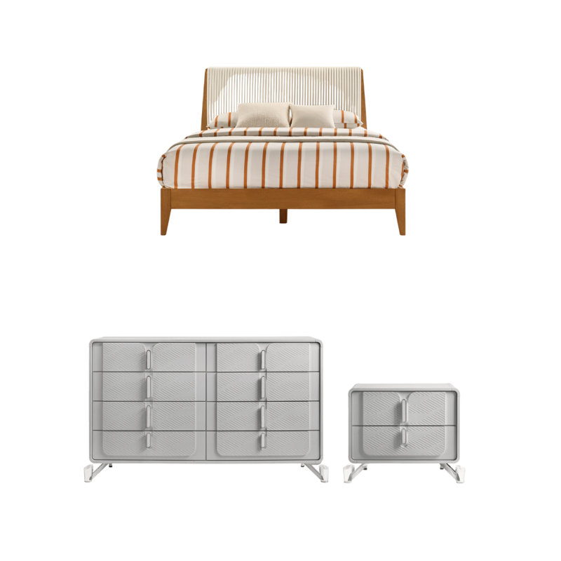 Ensemble de chambre à coucher 3 pièces Avaline, Noyer ambré/Gris froid, Ensemble de trois pièces : lit, commode, chiffonn