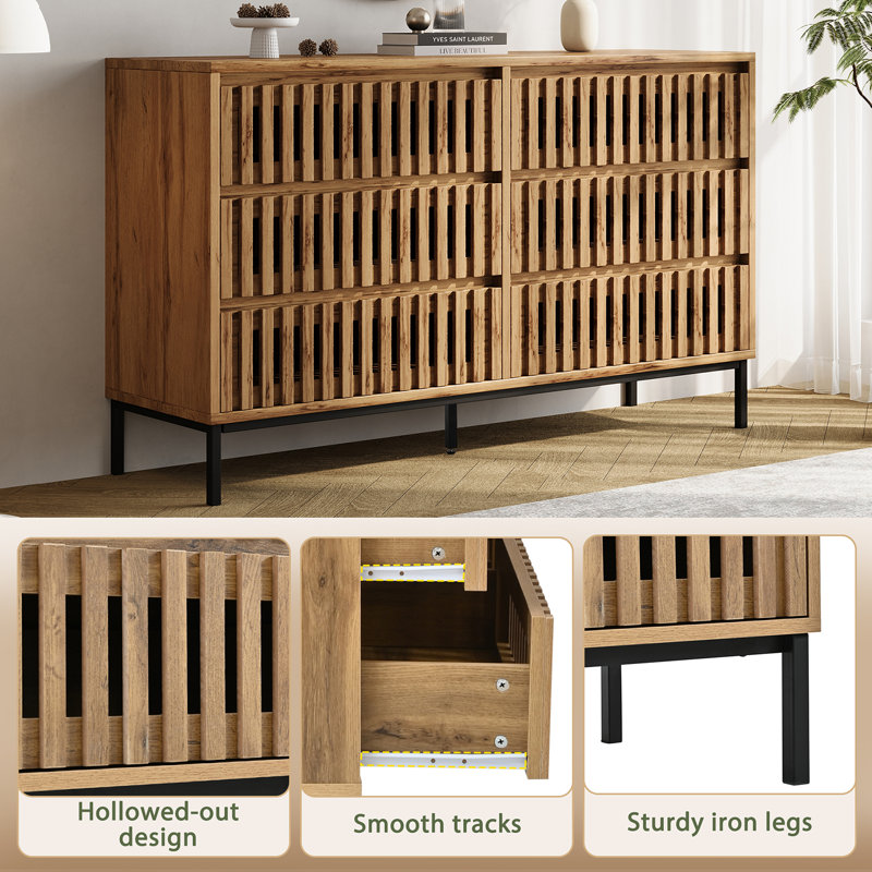 Jaxenor Wood Sideboard with 6 Drawers, Openwork Design, Ventilated Storage Cabinet, 5 Support Legs, Kitchen Cupboard for Bedroom & Living Room, 120 x 40 x 81 cm