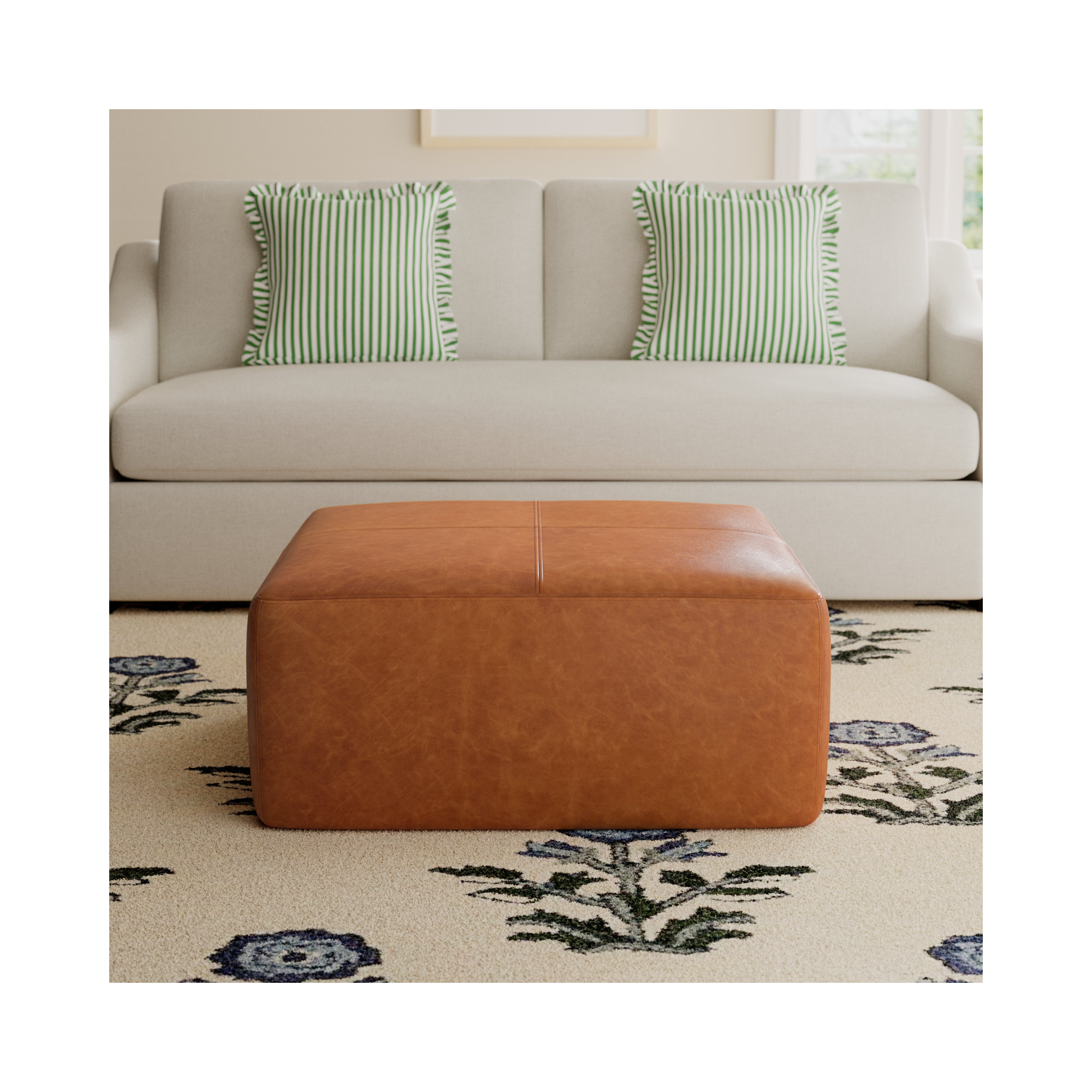 Heafield Square 35" Wide Full-Grain Genuine Italian Leather Ottoman, Cognac Tan Genuine Leather