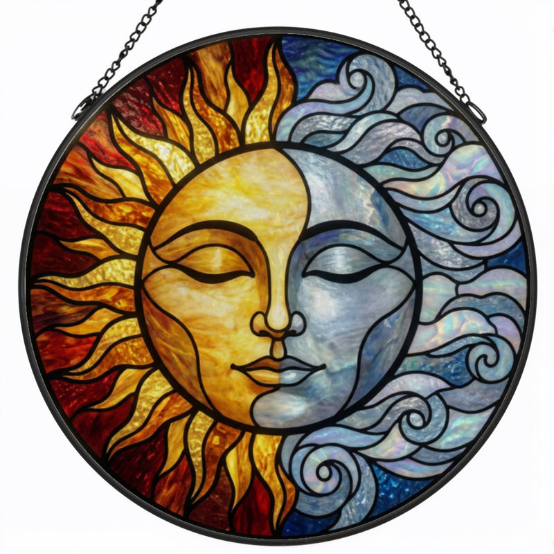 Panneau de vitrail soleil et lune, H 12 po x l 12 po