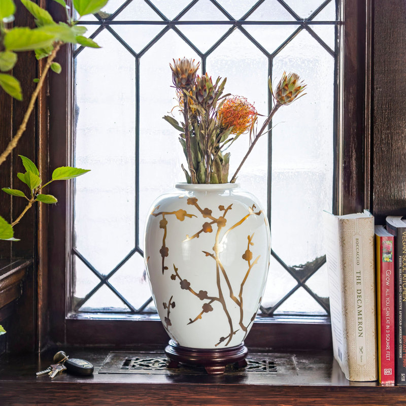 10" Gold Branches Vase, White