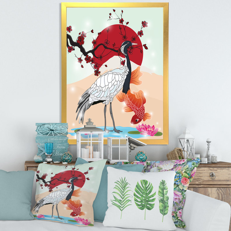«Crane Bird and Koi Fish», impression sur toile encadrée, H 32 po x l 24 po x P 1 po, Encadrement doré