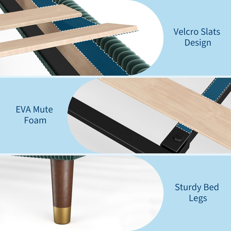 Upholstered Platform Bed Frame,  Fabric Headboard And Wooden Slats, Twin, Dark Green