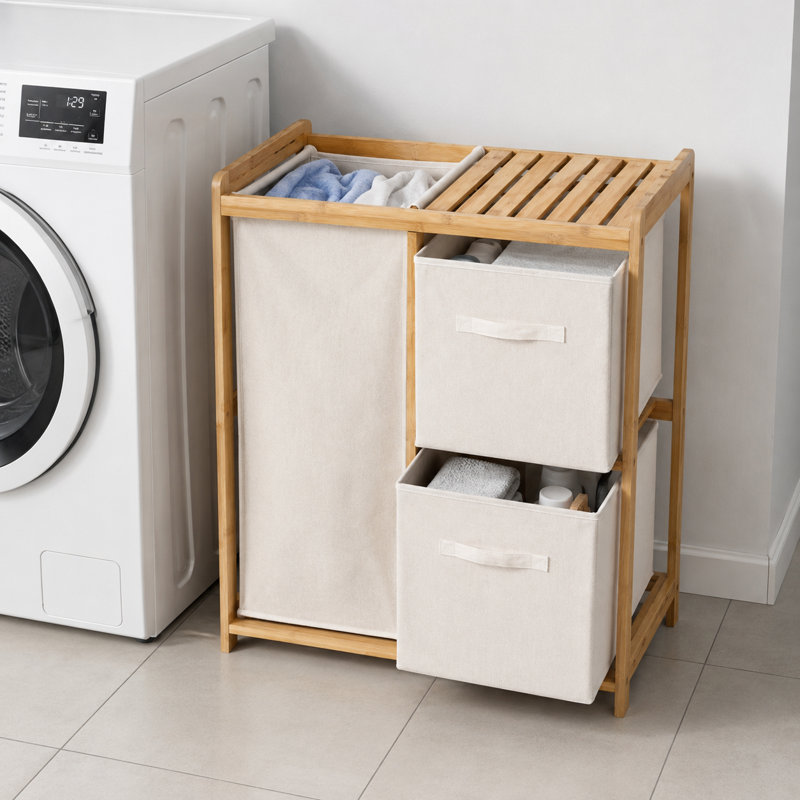 Trieur de linge en bambou avec 1 grand panier et 2 tiroirs en tissu, rangement multifonctionnel pour la salle de bain