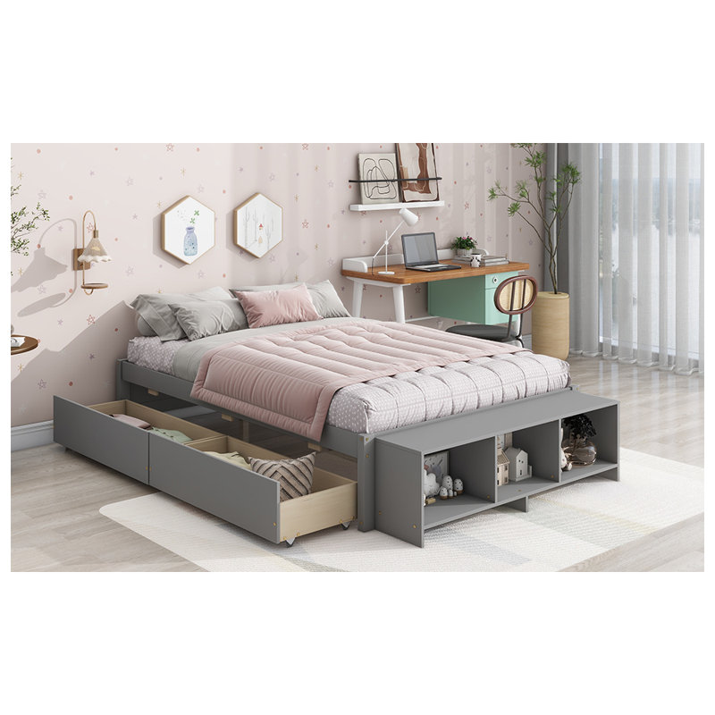 Lit double avec étui de rangement, 2 tiroirs de rangement, Gris