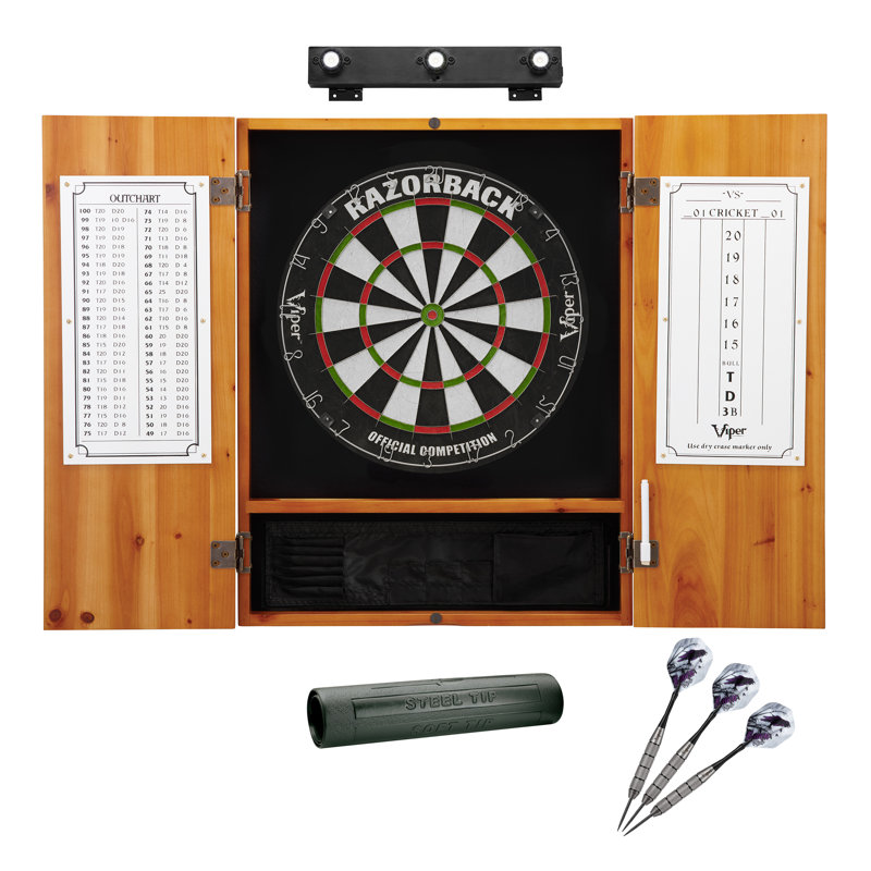 Razorback Bristle Dartboard and Cabinet Set with Darts, Oak