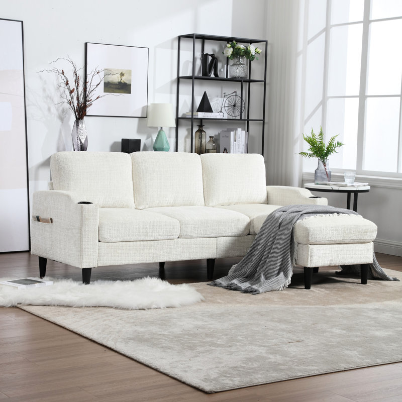 Chenille en L avec rangement et porte-gobelets, incontournable chic pour le salon, Beige