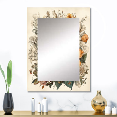 Crème et fleurs oranges, bouquet I - Bouquet grand miroir mural, miroir décoratif traditionnel, impression d'art en métal