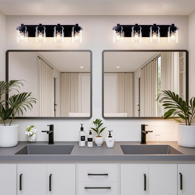 Matte Black Bathroom Vanity Light, 4-Light Vanity Lighting Fixtures Over Mirror, Square Design Wall Sconces With Clear Glass Shades
