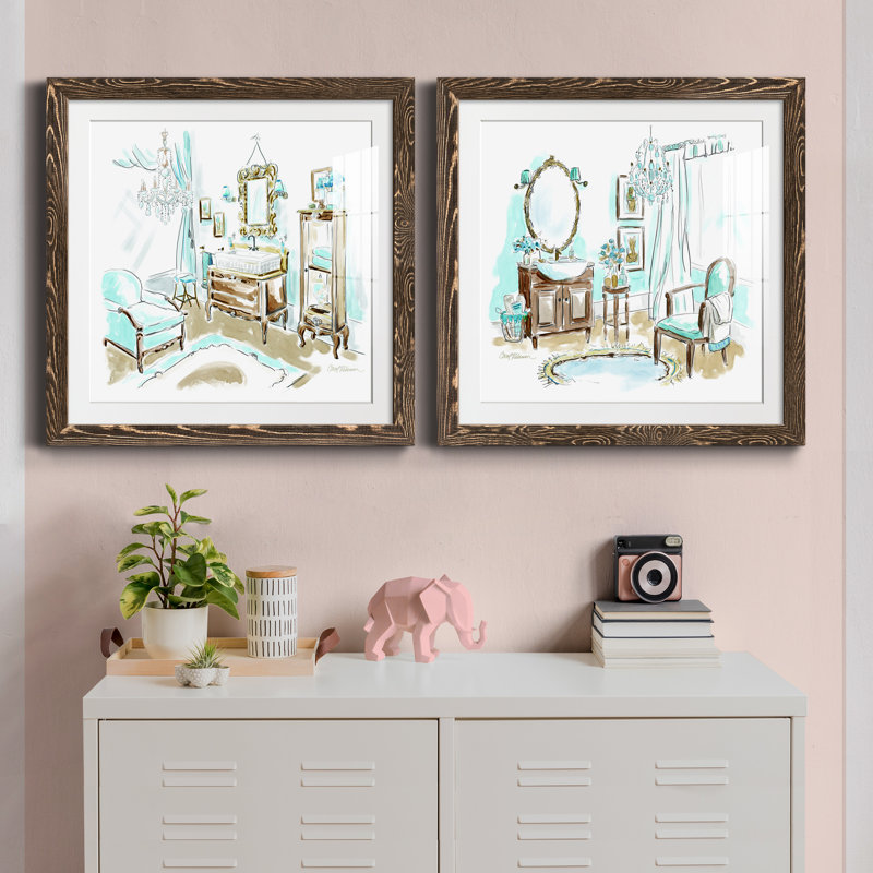 Blue Opulence I - ensemble de 2 peintures encadrées, H 31,5 po x l 63 po x P 1,5 po, Encadré de bois de noyer