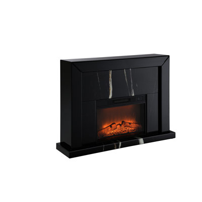 Modern Black Mirrored Fireplace - Synthetic Wood Made, Elegant Marble Grain Pattern, Tempered Glass Touch, 47In Wide, 12In Deep Rectangular , Classy Design, Elegance, Depth, 36In Height