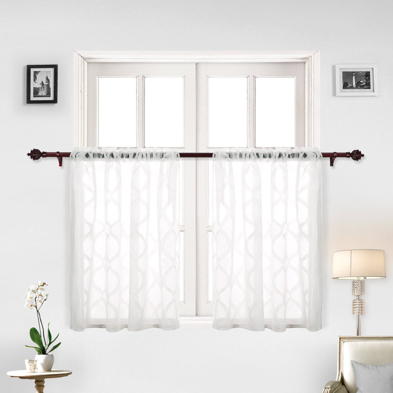 Moroccan Trellis Design Jacquard Kitchen Tier heer Sheer Curtains, White, 52" W x 36" L