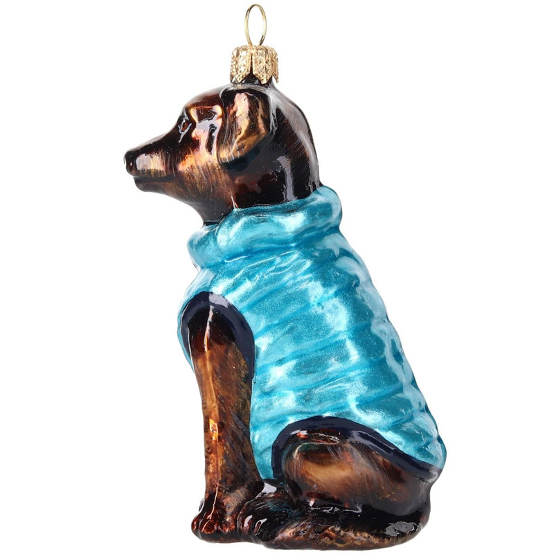 Black Lab in Puffer Coat, Chocolate, 3.9" H x 1.9" W x 1.7" D