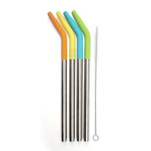ExcelSteel 10 Pc Reusable Powder Coated Stainless Steel Straws W