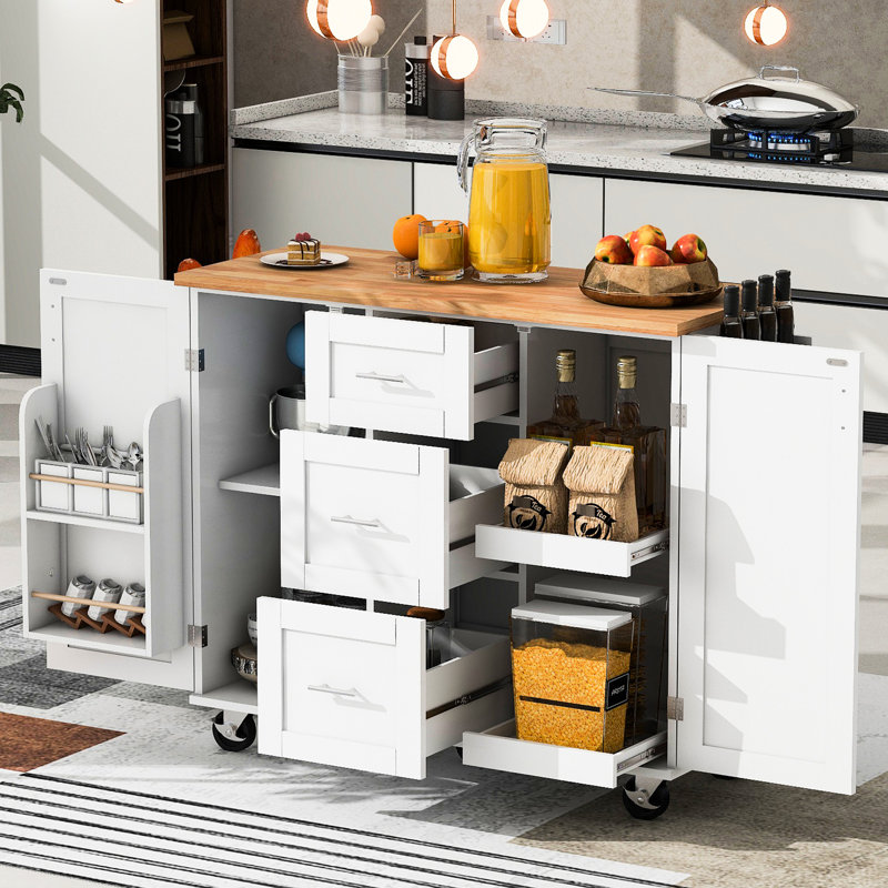 European Style Kitchen Cart With Internal Storage - 3 Drawers, 2 Slide-Out Shelves, White, Rubber Wood Top, , Classy Organization, 50"W X 36.46"H Carts Space Optimization, 17"D
