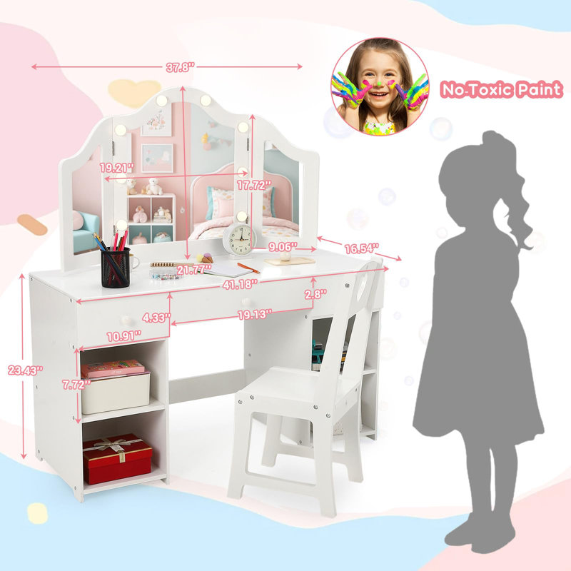 Coiffeuse pour enfants avec lumières, bureau de maquillage princesse, lumière tactile, miroir détachable à trois volets