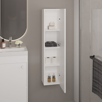 43 Inch Wall - Mounted Bathroom Cabinet One Door 3 Storage Shelves Vertical Organizer For Bedroom Laundry Room Modern Design Easy To Install With Space Saving